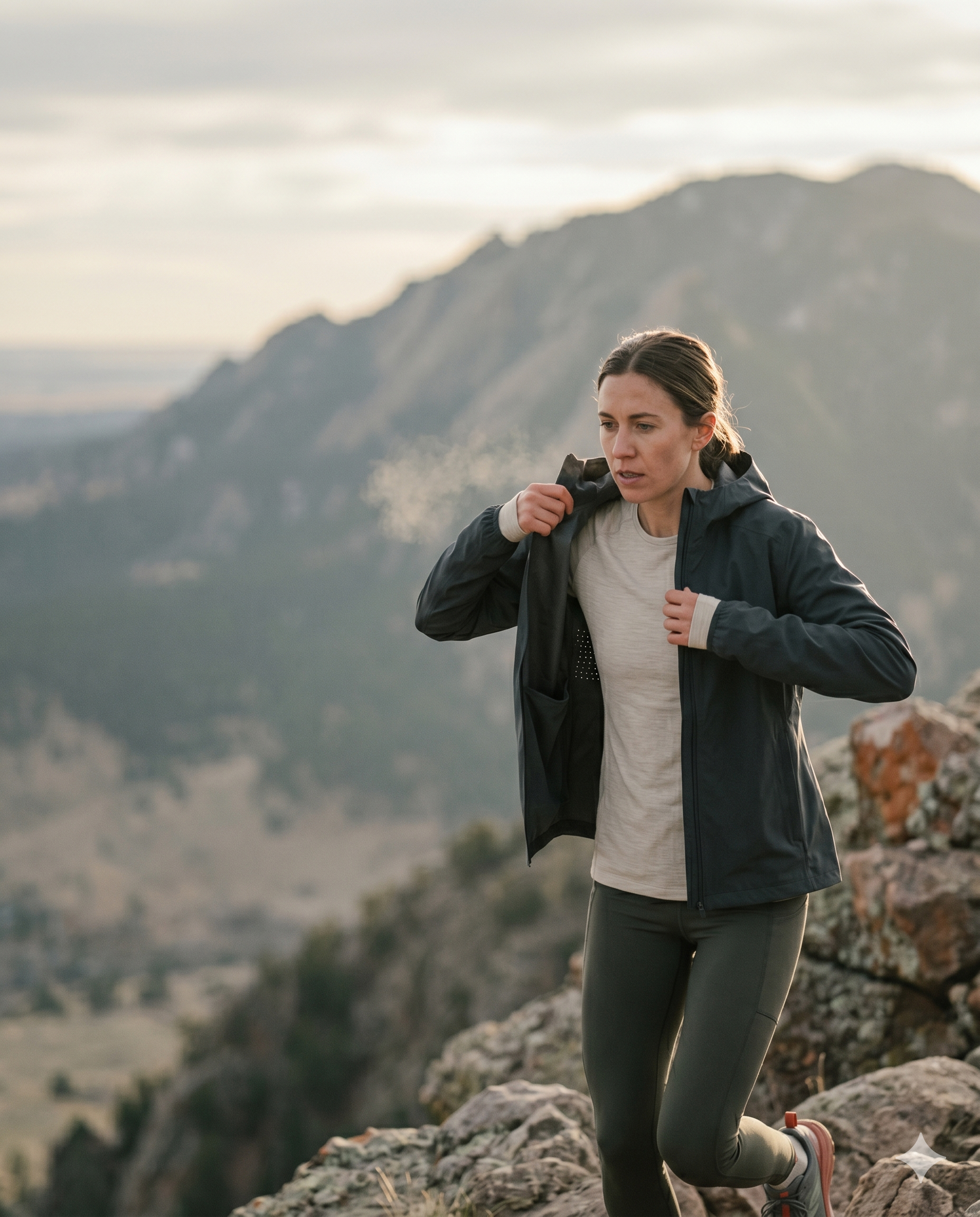 A trail runner in the Trail Shell on a Front Range ridge at dawn