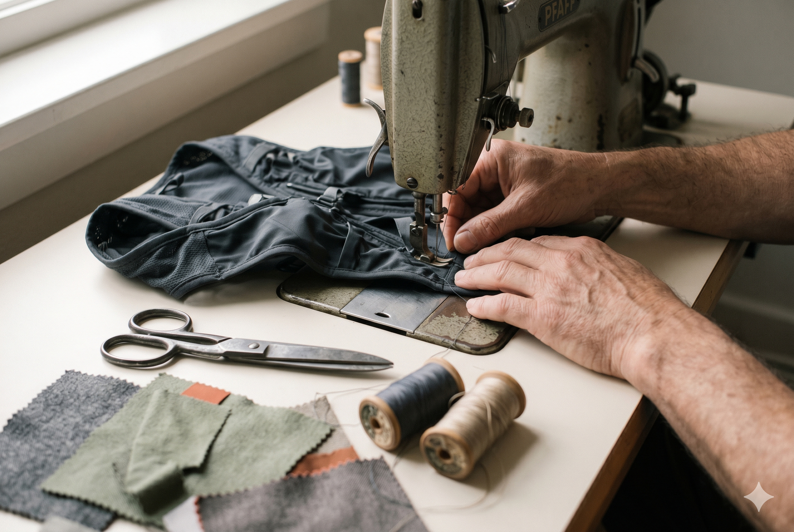 Hands stitching a garment at the repair bench
