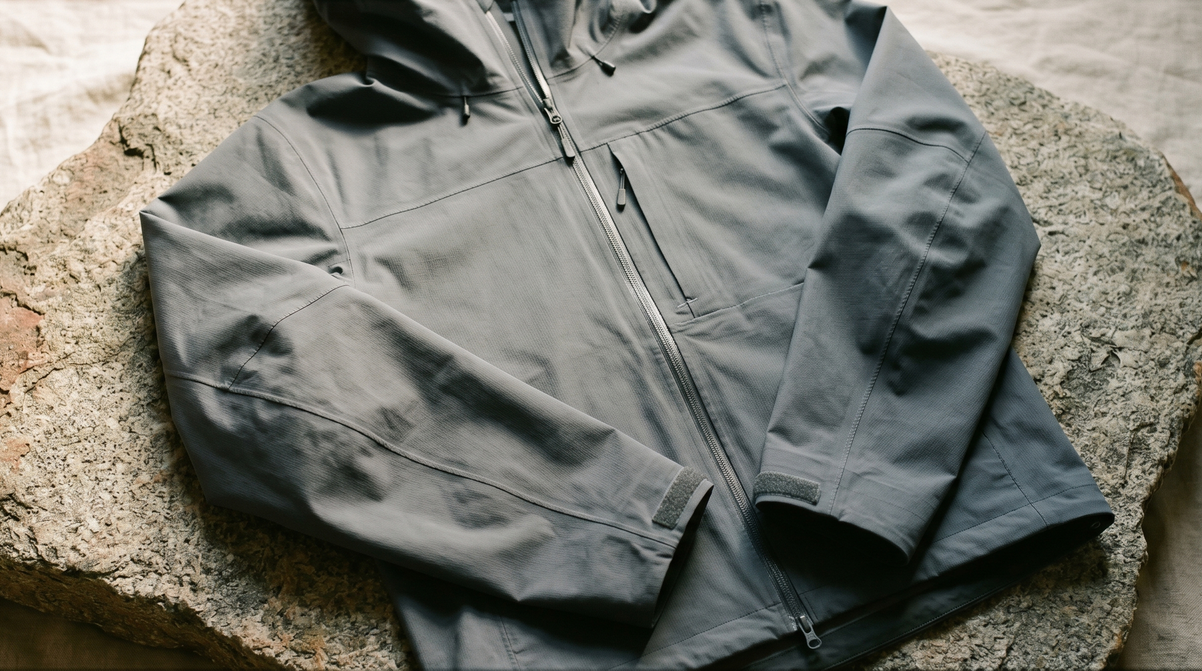 The Trail Shell — three-layer recycled nylon technical jacket.